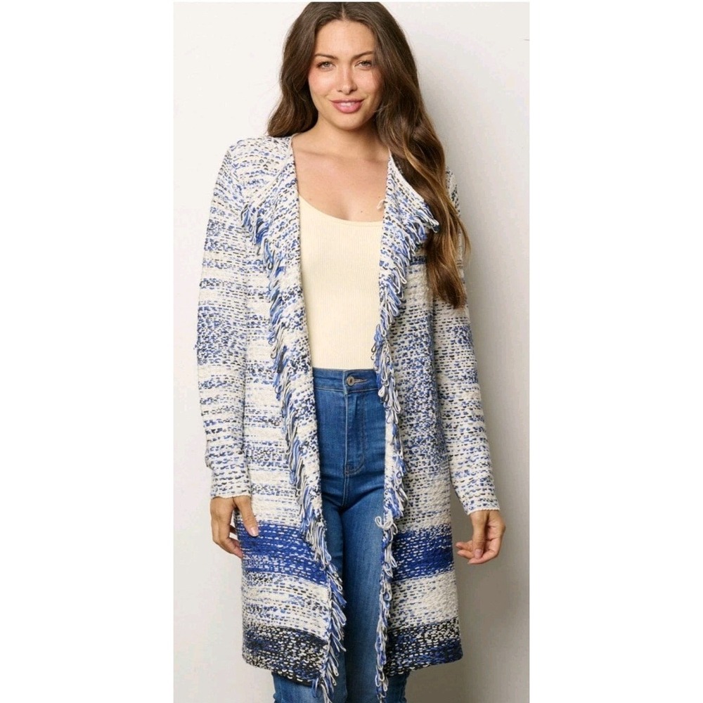 NEW Fate Women Open Cardigan Sweater XSP Boho Fray Blue White Long Sleeve petite